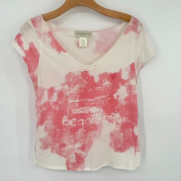 Susan Bristol top Womens size Medium Pink Tie Dye Beach Bag Print T Shirt - Picture 2 of 8